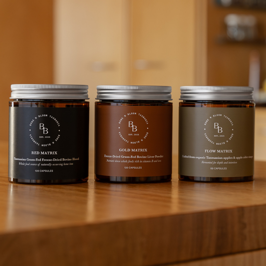 Founders Core Restore Bundle: Beef Liver + Beef Blood + Apple Cider Vinegar Capsules | Red + Gold + Flow Matrix